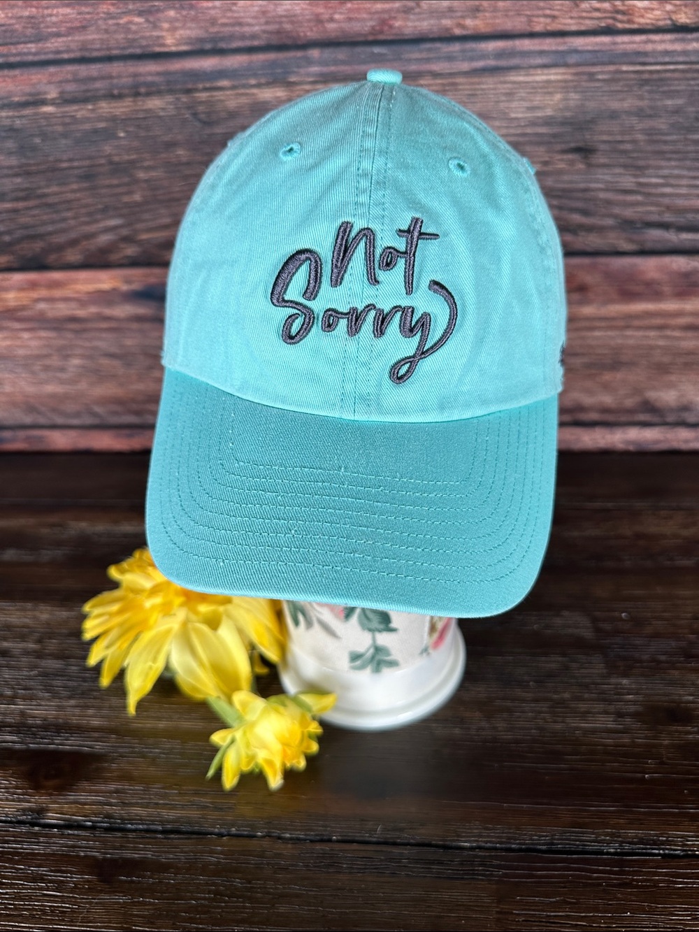 47 Brand Turquoise Interior Baseball Cap with embroidered not sorry in gray!